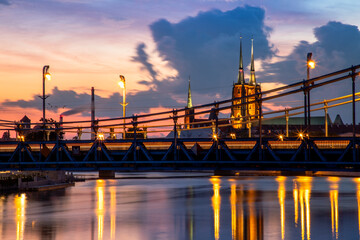 evening view of the grunwald bridge in wroclaw in poland