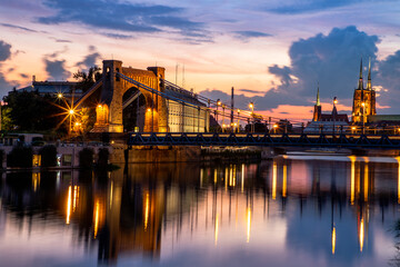 evening view of the grunwald bridge in wroclaw in poland