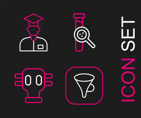 Set line Funnel or filter, Gas mask, Test tube and flask and Laboratory assistant icon. Vector