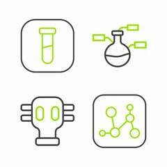 Set line Chemical formula, Gas mask, Test tube and flask and icon. Vector