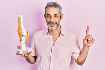 Handsome middle age man with grey hair holding anatomical model of knee joint surprised with an...