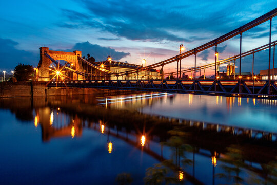 evening view of the grunwald bridge in wroclaw in poland