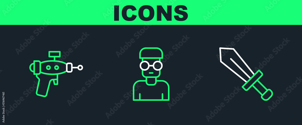 Poster set line sword for game, ray gun and nerd geek icon. vector