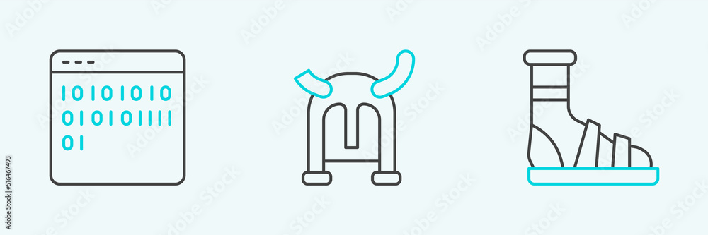 Poster set line slippers with socks, binary code and viking horned helmet icon. vector
