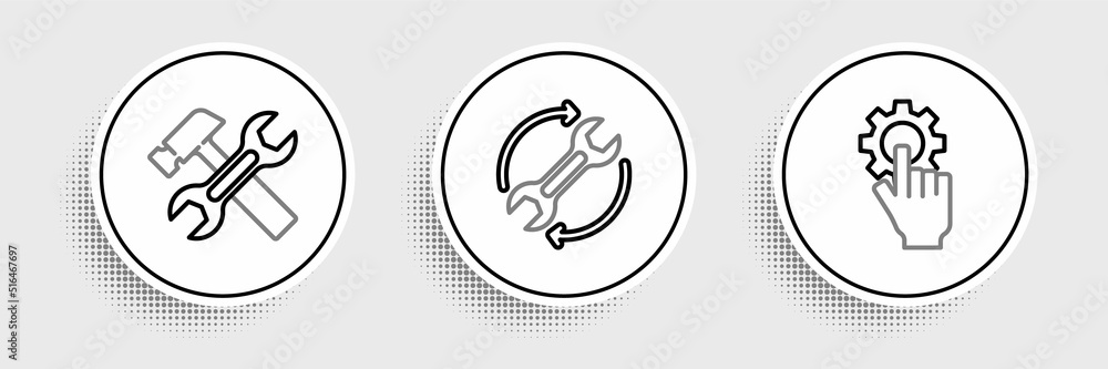 Poster set line settings in the hand, hammer wrench and wrench arrows as workflow icon. vector