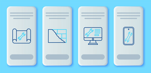 Set line Bricks, Computer monitor service, Graphing paper and wrench and Mobile icon. Vector