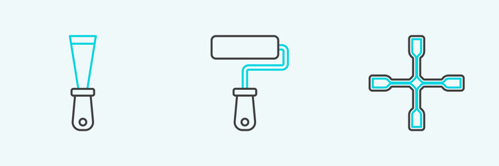Set line Wheel wrench, Putty knife and Paint roller brush icon. Vector
