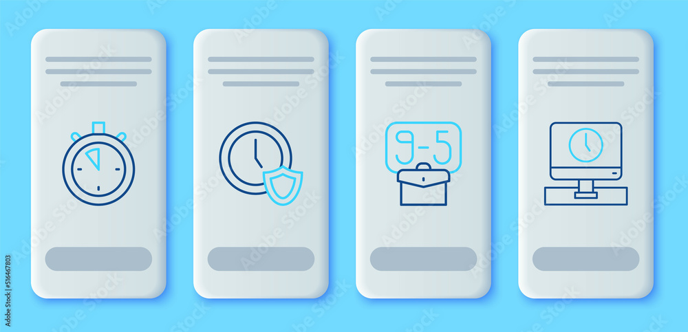 Poster set line clock with shield, from 9, stopwatch and monitor time icon. vector