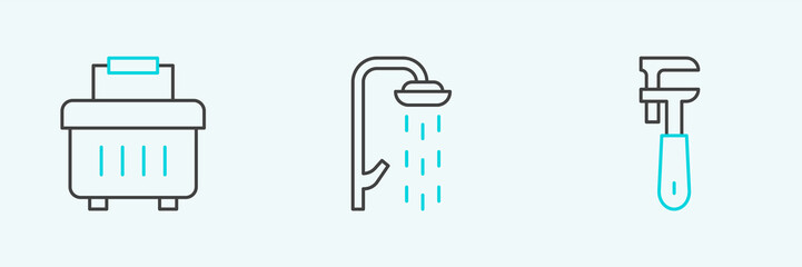 Set line Pipe adjustable wrench, Toolbox and Shower icon. Vector