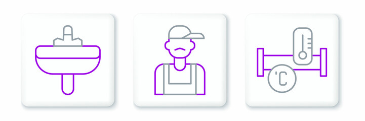 Set line Industry metallic pipe, Washbasin and Plumber icon. Vector