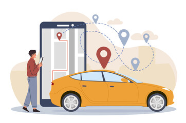 Man renting car. Young guy with smartphone in his hands pays rent. Character on street builds route on application map. Modern service and public paid transport. Cartoon flat vector illustration