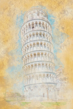 The Leaning Tower of Pisa, Italy - Watercolor effect illustration