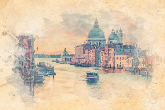 Grand Canal in Venice city - Watercolor effect illustration