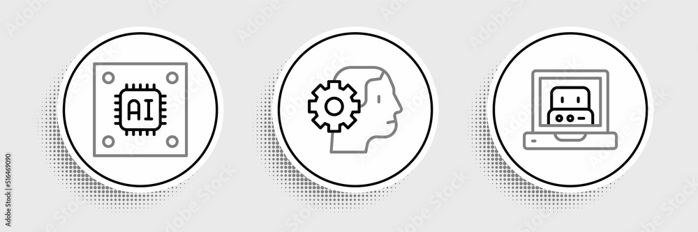 Poster Set line Creating robot, Processor with microcircuits CPU and Humanoid icon. Vector