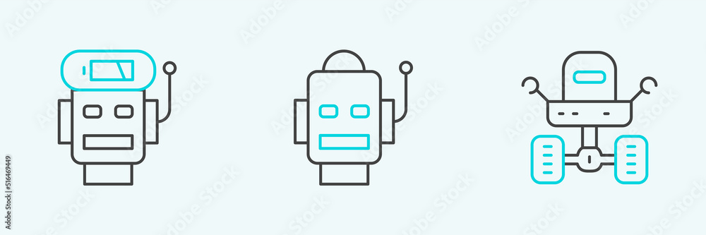 Poster set line mars rover, robot low battery charge and icon. vector