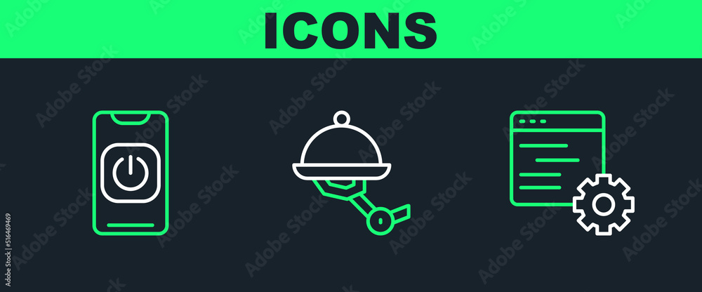 Poster set line computer api interface, turn off robot from phone and waiter icon. vector