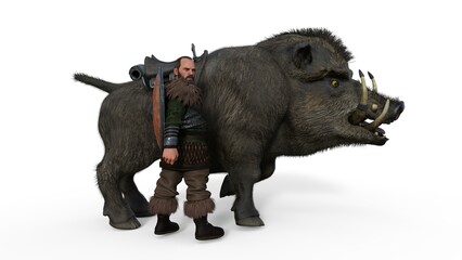 Fototapeta premium 3d-illustration of an isolated fantasy illustration of a battle boar with a dwarf