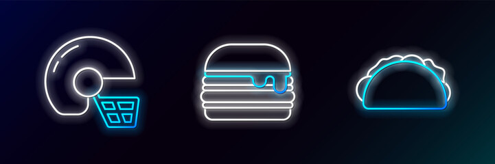 Set line Taco with tortilla, American football helmet and Burger icon. Glowing neon. Vector