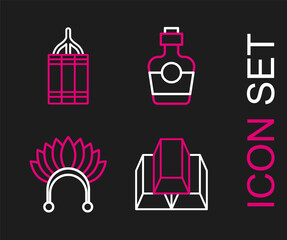 Set line Gold bars, Indian headdress with feathers, Tequila bottle and Dynamite bomb icon. Vector