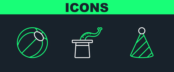 Set line Party hat, Beach ball and Magician icon. Vector