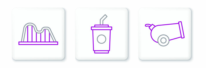 Obraz premium Set line Cannon, Roller coaster and Paper glass with water icon. Vector