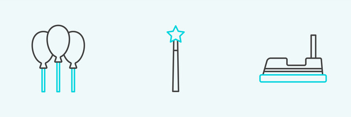 Set line Bumper car, Balloons with ribbon and Magic wand icon. Vector