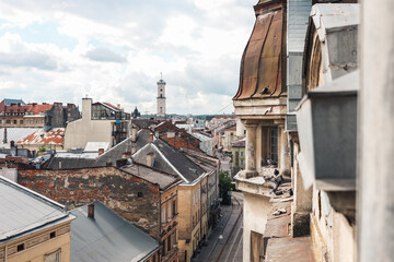Top view of the city of Lviv, Ukraine. Roofs of old houses