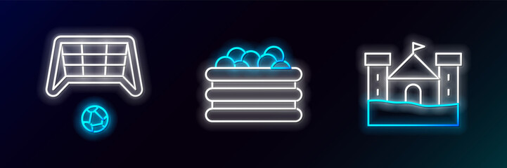 Set line Sand castle, Soccer goal with ball and Pool balls icon. Glowing neon. Vector