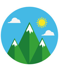 Logo of a sunny sky with snowy mountains and clouds. Ideal for ideas related to the outdoors and travel