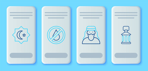 Set line No water, Muslim man, Octagonal star and Ramadan Kareem lantern icon. Vector