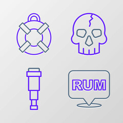 Set line Alcohol drink Rum, Spyglass telescope lens, Skull and Lifebuoy icon. Vector