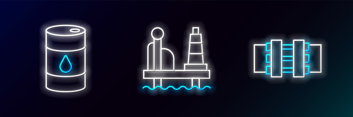 Set line Metallic pipes and valve, Barrel oil and Oil platform in the sea icon. Glowing neon. Vector