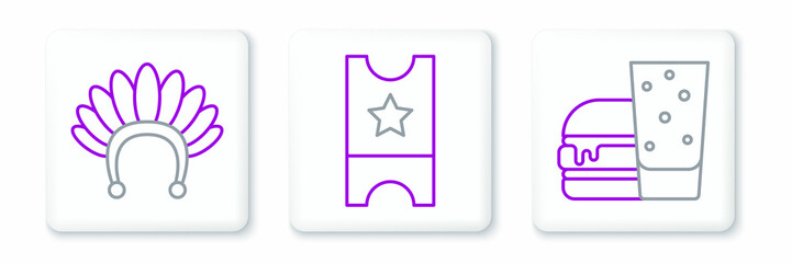 Set line Burger, Indian headdress with feathers and Baseball ticket icon. Vector