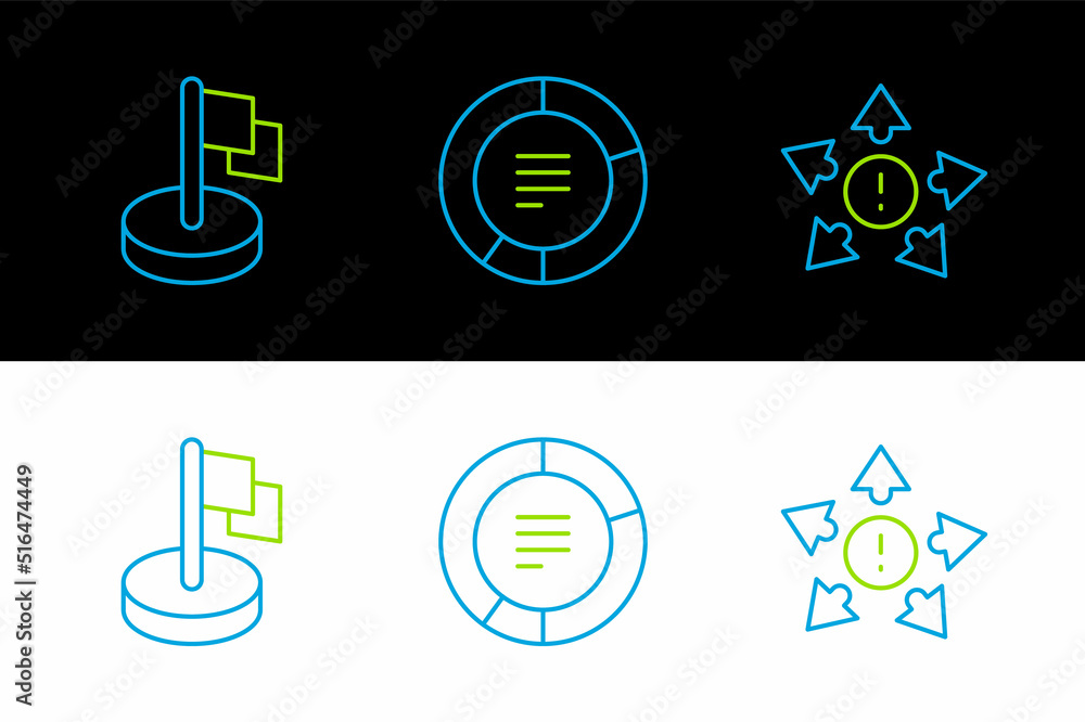Poster set line many ways directional arrow, flag and pie chart infographic icon. vector