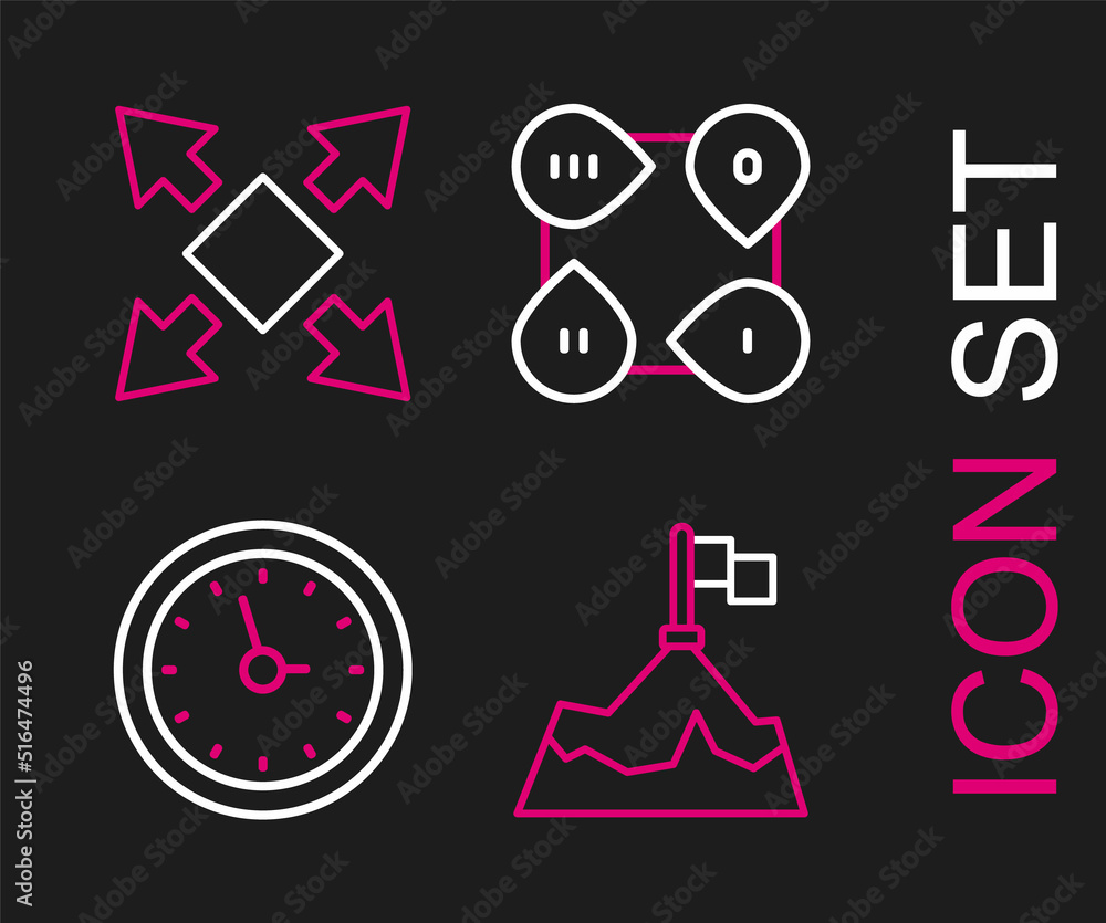 Poster set line mountains with flag, clock, infographic element and many ways directional arrow icon. vecto