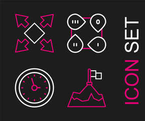 Set line Mountains with flag, Clock, Infographic element and Many ways directional arrow icon. Vector