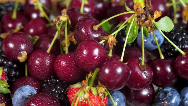 Background of fresh ripe fruit. Raw dark cherry, strawberry, blueberries, mulberries. Sweet ripe juicy and organic fruit