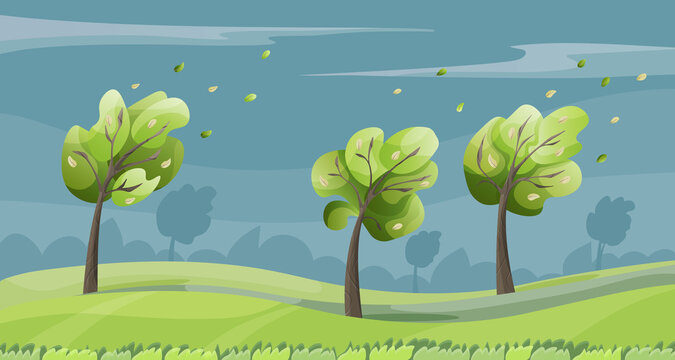 Trees during the windstorm. Green trees with falling leaves in the park at blowing wind. Landscape cartoon vector illustration.