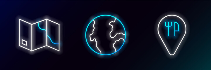 Set line Cafe and restaurant location, Folded map and Earth globe icon. Glowing neon. Vector