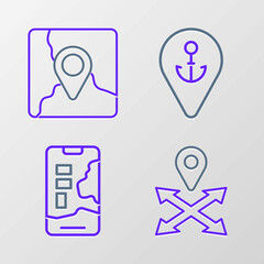Set line Location, City map navigation, with anchor and Folded location marker icon. Vector