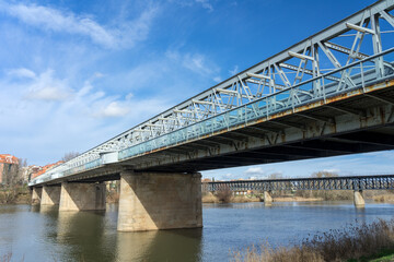 Naklejka premium Old train Iron bridge over Duero river in Zamora. Spain.