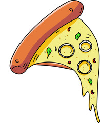 Illustration of a slice of pizza with vegetables. Delicious pizza with melted cheese.