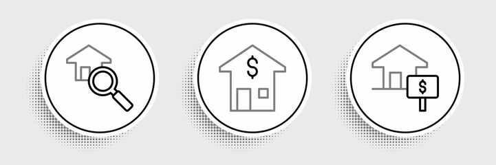Set line House with dollar, Search house and icon. Vector