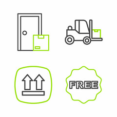 Set line rice tag with Free, This side up, Forklift truck and Home delivery services icon. Vector