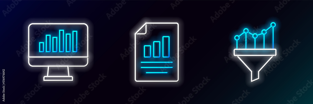 Poster set line sales funnel with chart, monitor graph and document icon. glowing neon. vector