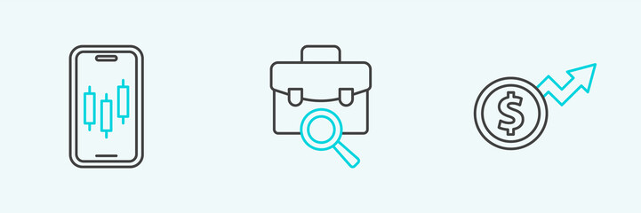 Set line Financial growth dollar, Mobile stock trading and Work search icon. Vector