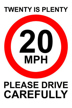 20mph Speed limit warning sign Please drive carefully