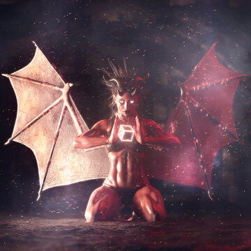 female demon in depths of hell with soft focus background