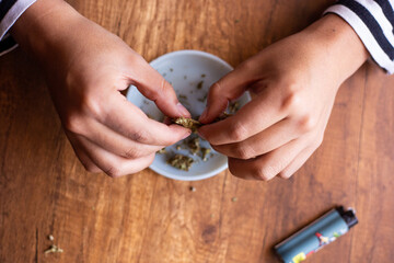 manos seleccionando marihuana (Cannabis) para armar un blunt. Concepto de medicina natural. © artrolopzimages