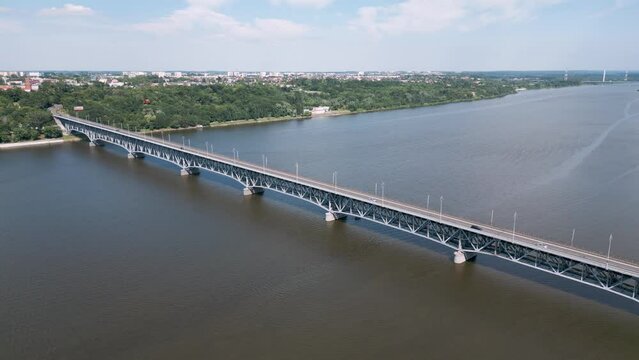 Plock, Poland - Aerial drone bird view flyover the Legions of Marshal J&oacute;zef Piłsudski Bridge also called the Most im. Legion&oacute;w Marszałka J&oacute;zefa Piłsudskiego in june 2022